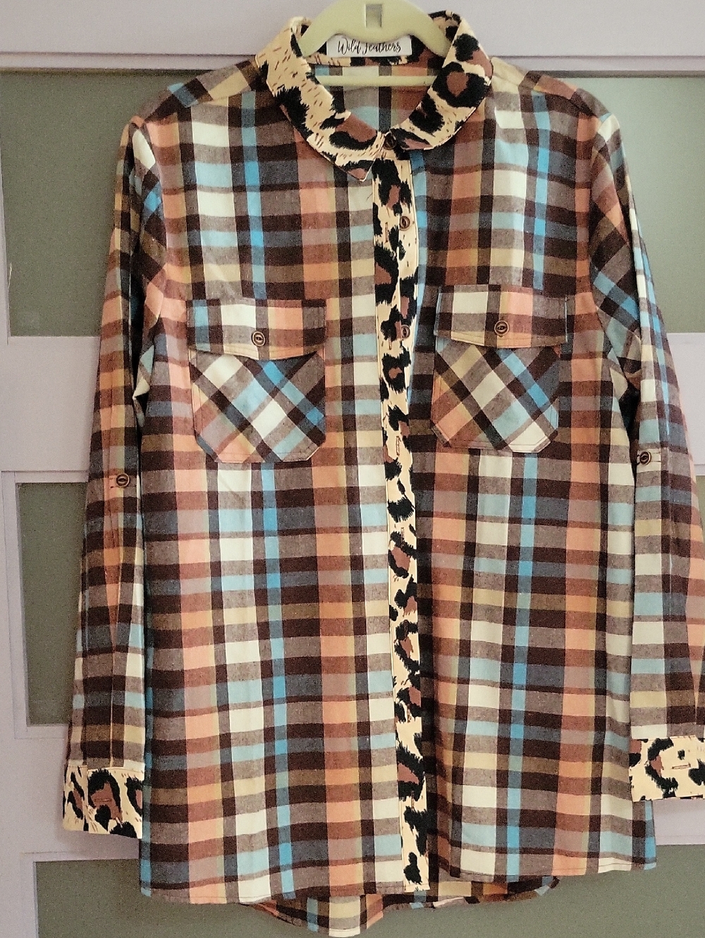 Wild Feathers Brown Plaid Long Sleeve Button-Up Shirt with Leopard Trim